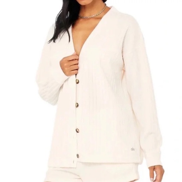 Alo Yoga Ribbed Take Comfort Cardigan Ivory - Picture 4 of 7